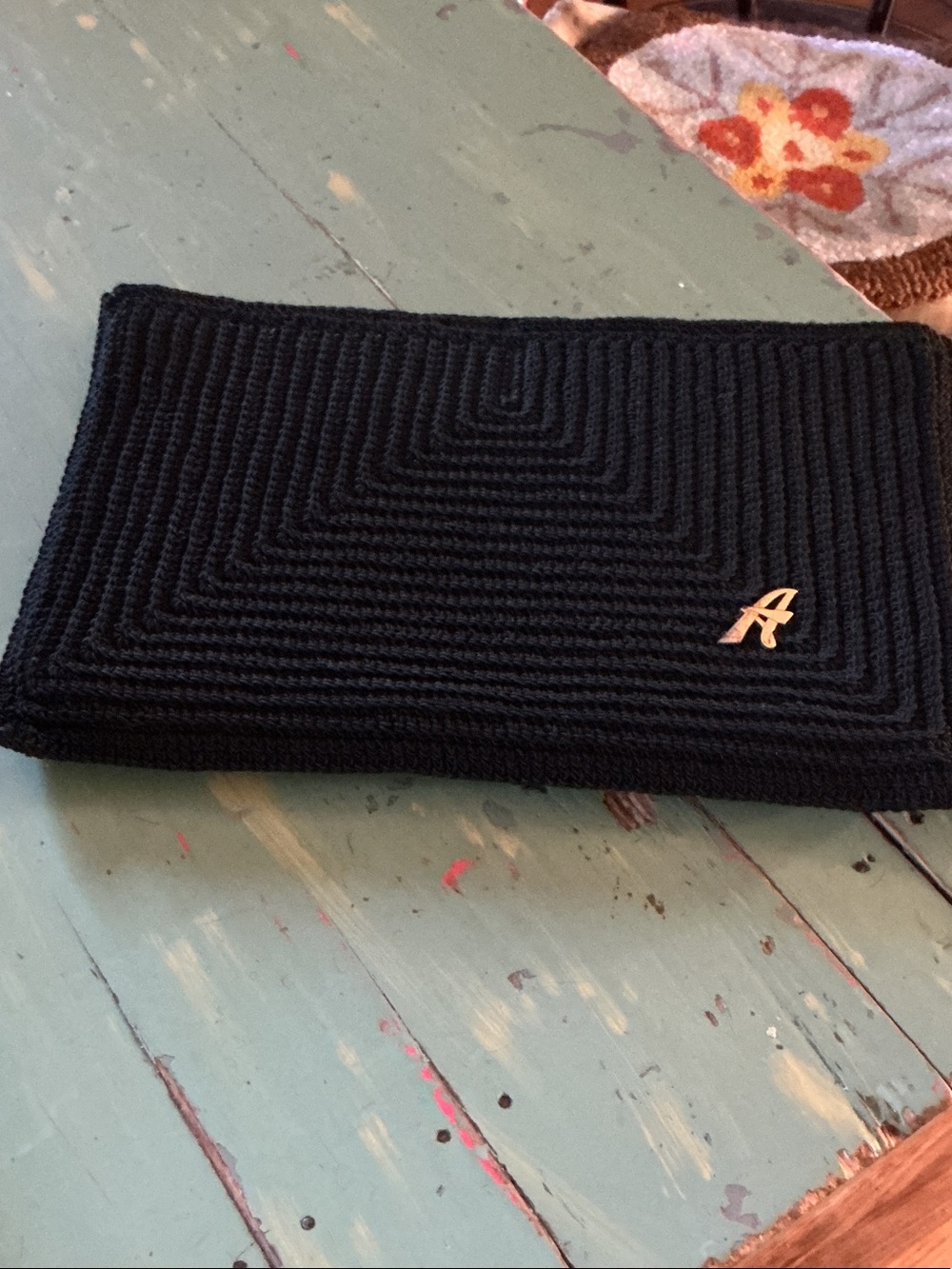 Vintage A-Emblem Black Knit Clutch Bag - Women's Accessory